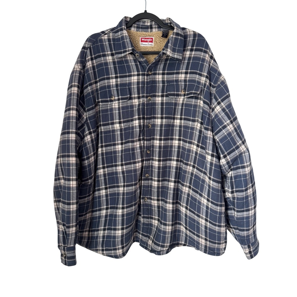 Wrangler Mens Blue Plaid Sherpa Lined Flannel Cotton Shirt Jacket HES0HHN 2XL